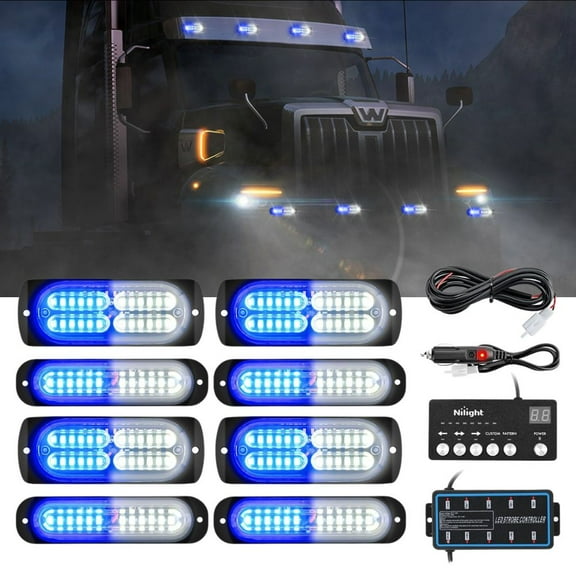 Nilight 8PCS Led Strobe Lights with Controller 12V 24V Sync Feature Blue White Emergency Hazard Warning Light 12 24 LED Surface Mount for Vehicle Car Truck RV ATV