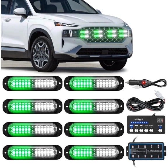 Nilight 8PCS Led Strobe Lights with Controller 12V 24V Sync Feature Green White Strobe Light 12 LED Surface MountWarning Lights with Strobe Controller for Vehicle Car Truck RV ATV