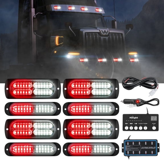 Nilight 8PCS Led Strobe Lights with Controller 12V 24V Sync Feature Red White Emergency Hazard Warning Light 12 24 LED Surface Mount for Vehicle Car Truck RV ATV