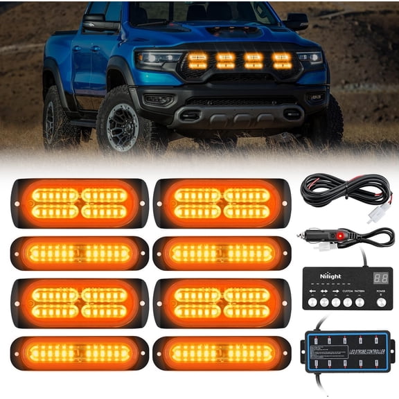 Nilight 8PCS Led Strobe Lights with Controller 12V 24V Sync Feature Amber Light 12 24 LED Surface Mount Emergency Hazard Warning for Vehicle Car Truck RV ATV