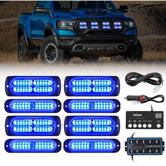 Nilight 8PCS Led Strobe Lights with Controller 12V 24V Sync Feature Blue Hazard Warning Light 12 24 LED Surface Mount for Vehicle Car Truck RV ATV