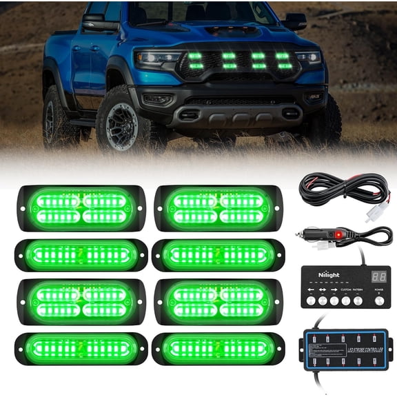 Nilight 8PCS Led Strobe Lights with Controller 12V 24V Sync Feature Green Emergency Hazard Warning Light 12 24 LEDs Surface Mount for Vehicle Car Truck RV ATV