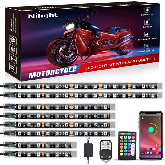 Nilight 8PCS Motorcycle RGB Led Light Kit Waterproof Multi Color Atmosphere Neon Accent Light APP and Remote Control Underbody Light Strips for Harley Davidson Honda Kawasaki Suzuki