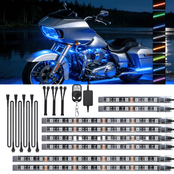 Nilight 8PCS RGB Motorcycle LED Light Kit with 4PCS 2FT Extension Cables, Multi-Color Waterproof Accent and Underglow Lighting System for Motorcycles, Scooters, UTVs