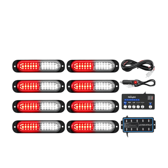 Nilight 8PCS Red & White LED Strobe Lights with Control Box 12V24V Sync Surface Mount Warning Flash Lights for Truck RV ATV
