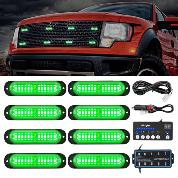 Nilight 8PCS Surface Mount LED Strobe Lights with Controller, 12V 24V Sync, Green, 12 LED Per Light for Vehicle, Truck, RV, ATV