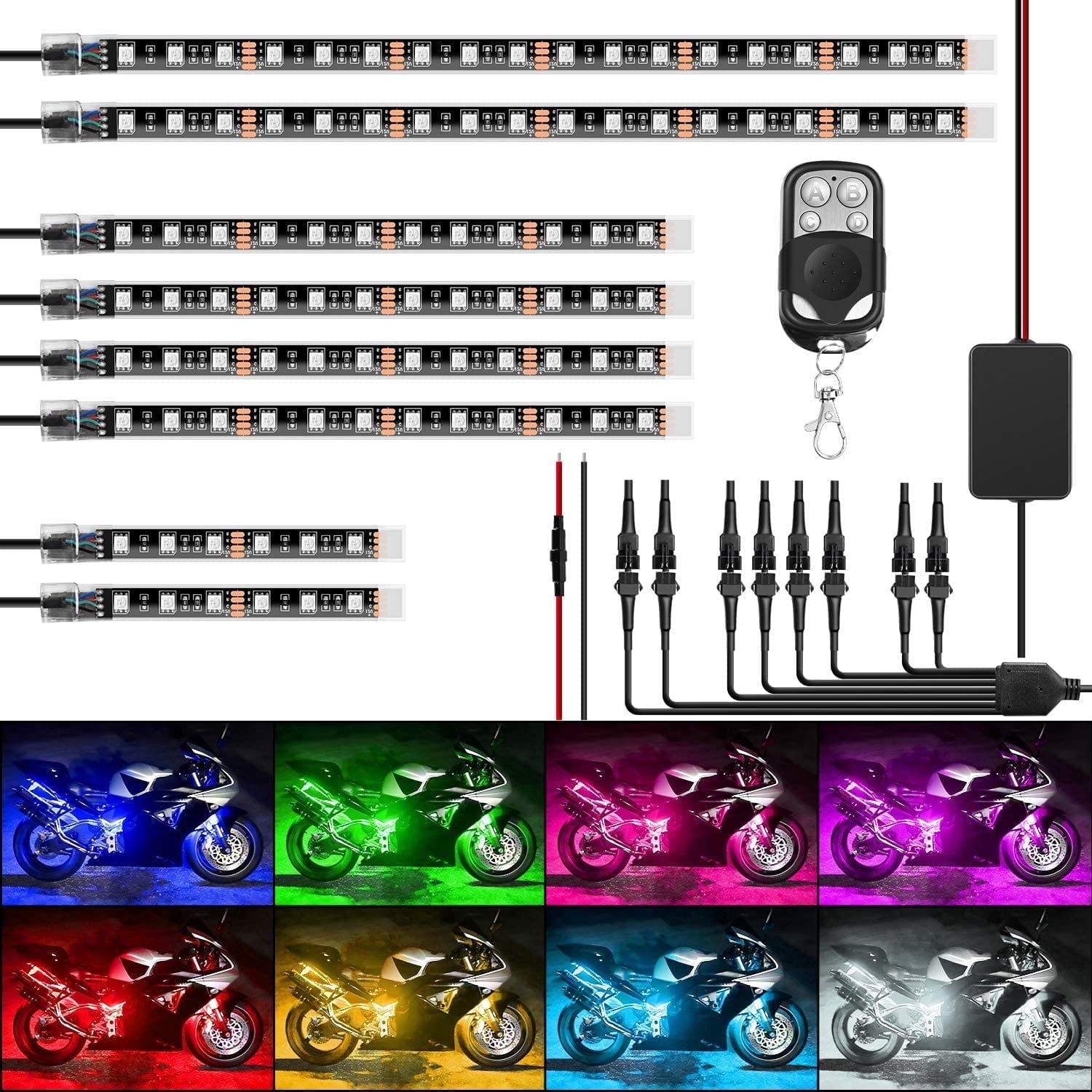 Nilight 8Pcs Motorcycle RGB Led Light Kit Waterproof Multi-Color Atmosphere Lights Lamp with 4Key RF Wireless Remote for Harley Davidson Honda Kawasaki Suzuki