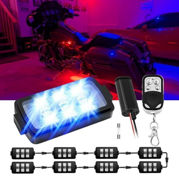 8Pcs RGB Motorcycle LED Strip Lights for Harley Davidson Kawasaki Suzuki Yamaha Golf Cart, Waterproof Multicolor Motorcycle Underglow Light Neon Strip Kit with Wireless Smart Remote Controllers