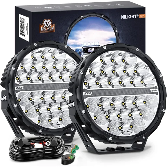 Nilight 9 Inch Round Offroad LED Driving Lights with DRL 2PCS 140W 15560LM IP68 Spot Flood Combo Work Light with 12AWG DT Connector Wiring Harness Kit for 4x4 Jeep Truck ATV UTV SUV, 5 Year Warranty