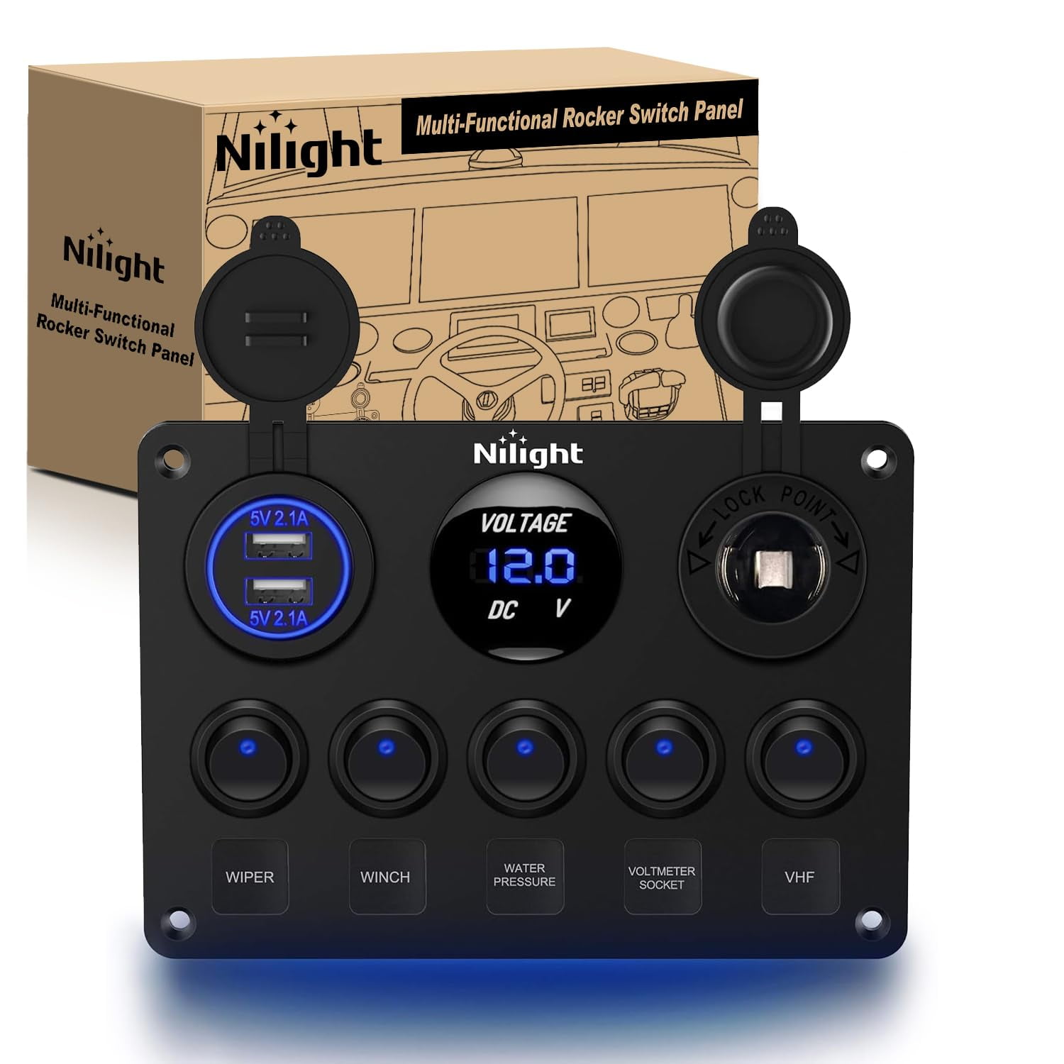 Nilight 5 Gang Multi-Function 5 Gang Rocker Dual USB Charger + Digital Volmeter +12V Outlet Pre-Wired Switch Panel with Circuit Breakers for RV Car Boat Truck Trailer,2 Years Warranty,Blue