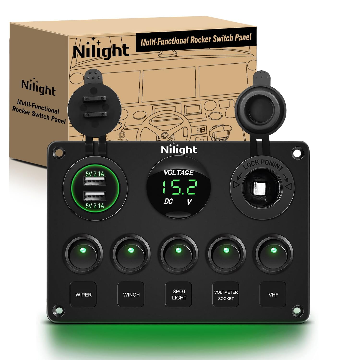 Nilight 5 Gang Multi Function Rocker Switch Green Backlit Dual USB Charger + Digital Voltmeter +12V Outlet Pre-Wired Switch Panel with Inline Fuse for RVs Cars Boats Trucks Trailers