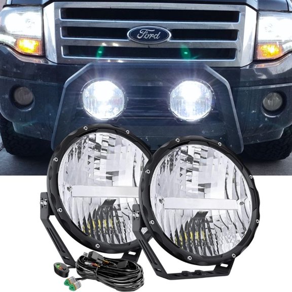 9" LED Round Driving Light 2PCS,120W Waterproof Offroad Lights Pods,Spot Lights Bar Led Work Lights Built-in EMC with 14AWG DT Connector Wiring Harness Kit for Trucks Pickup Jeep Wrangler Ford