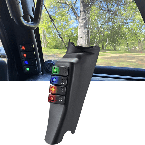 12V A-Pillar Switch Pod Left Driver Side Rocker Switch Panel with Backlit Label Stickers Pre-Wired ON Off 4 Color Toggle Switches for Jeep Wrangler JK JKU 2011-2018