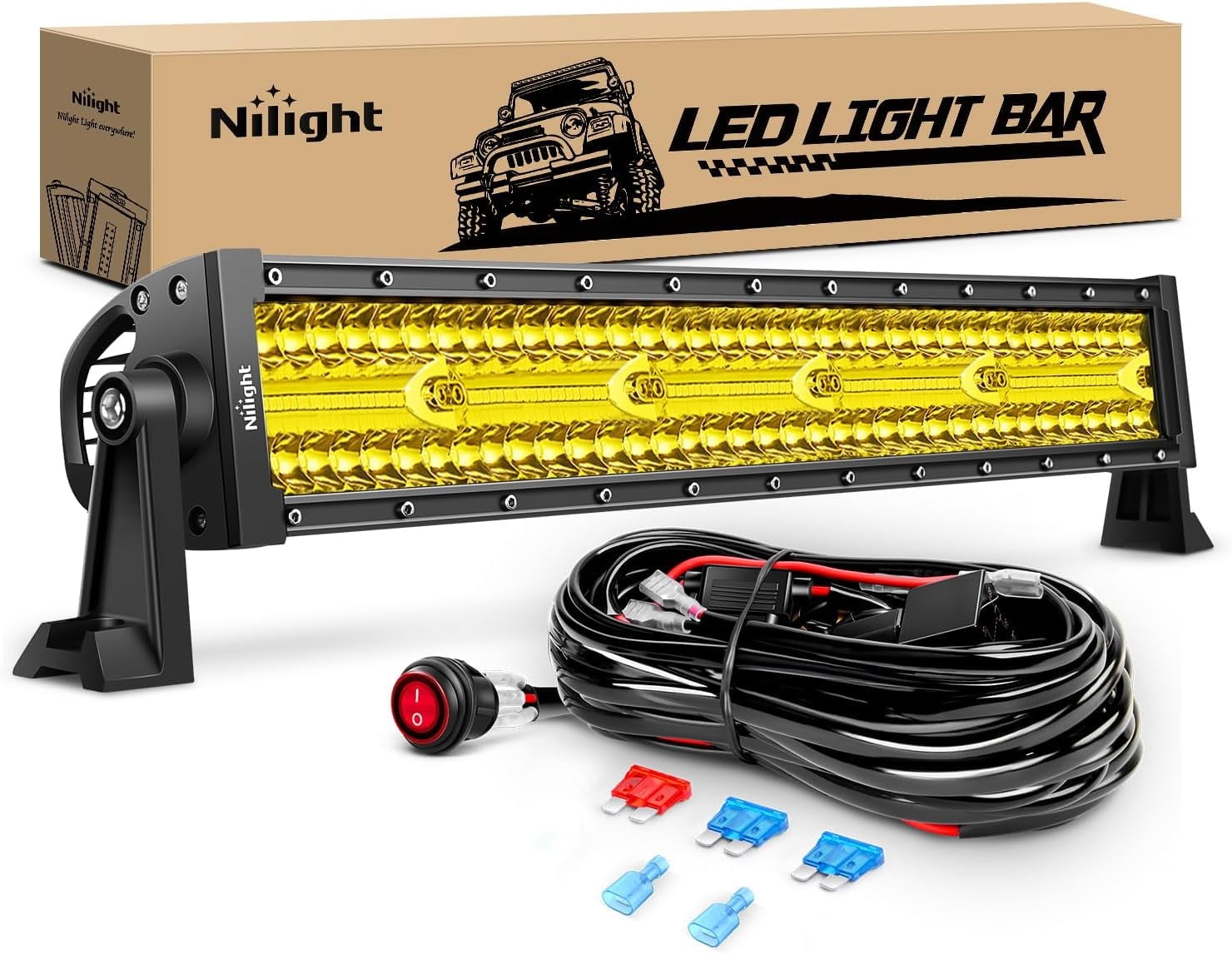 Nilight Amber Led Light Bar 22Inch 480W Triple Row Flood Spot Combo Waterproof Off Road Driving Lighting with Off-Road Wiring Harness for Boat Trucks Pickup SUV ATV UTV, 2 Years Warranty