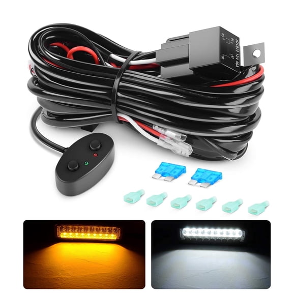 Nilight Amber White Dual Color Light Bar Wiring Harness Kit 16AWG with 12V Relay 15A Inline Blade Fuse Push Button Switch for Offroad Driving Light, 2 Leads