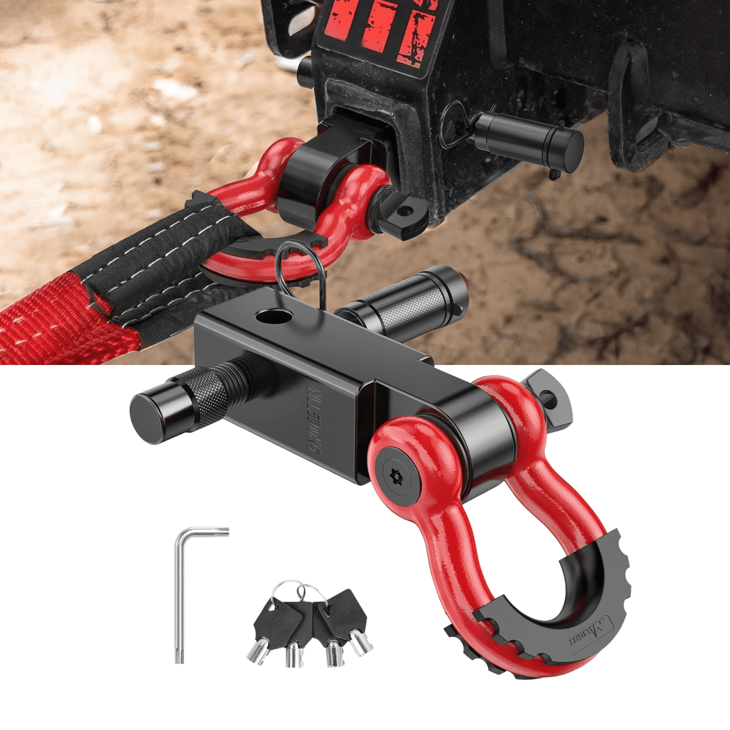Nilight Anti Theft Shackle Hitch Receiver 2 Inch D Ring Recovery Hitch with 5/8" Hitch Lock Pin 3/4" Shackle 45000 LBs Breaking Strength Heavy Duty Towing Kit Red Black