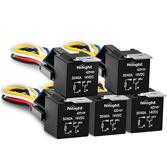 Nilight Automotive Set 5-Pin 30/40A 12V SPDT with Interlocking Relay Socket and Wiring Harness-5 Pack