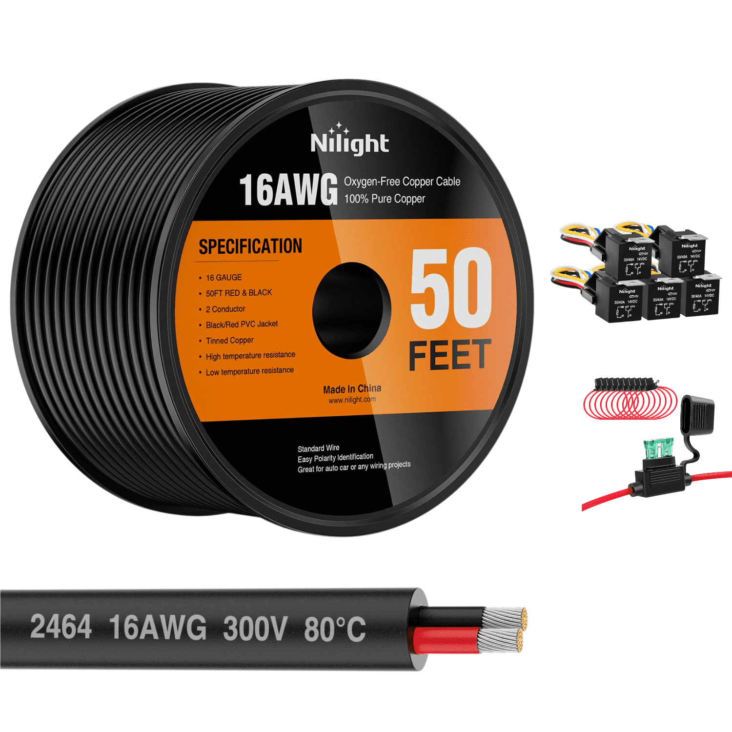Nilight Automotive Wiring Kit with Relays, Inline Fuse Holder and 16AWG Wire, 12V Relay and Wiring Set for Trucks, Pickups, SUVs and RVs