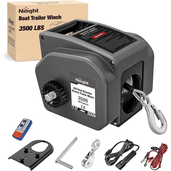 Nilight Boat Trailer Winch 3500 lbs Portable Electric Boat Winches 12 V DC Marine Winch with Steel Cable Remote Control & Hand Crank Power-in Freewheel Operat Waterproof Winch for Boat Trailer, Gray