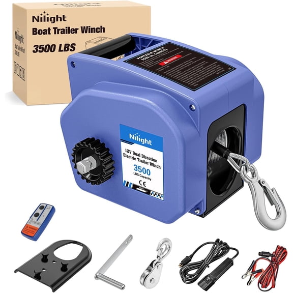 Nilight Boat Trailer Winch 3500 lbs Portable Electric Boat Winches 12 V DC Marine Winch with Steel Cable Remote Control & Hand Crank Power-in Freewheel Operat Waterproof Winch for Boat Trailer, Blue