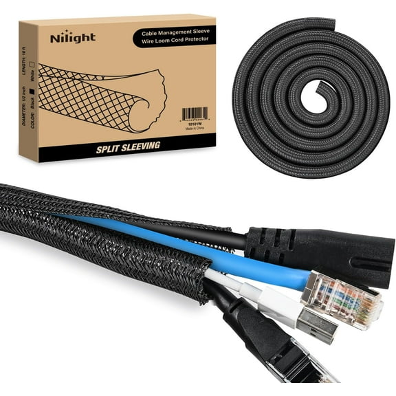Nilight Cable Sleeve, 10ft-1/2inch Cord Management Sleeves, Braided Sleeving, Split Self Wrapping Wire Loom for Computer Electrical Automotive Harness Protector Organizer, Black