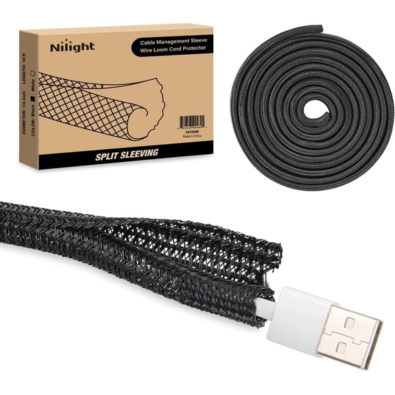 Nilight Cable Sleeve, 10ft-1/4inch Cord Management Sleeves, Braided Sleeving, Split Self Wrapping Wire Loom for Computer Electrical Automotive Harness Protector Organizer, Black