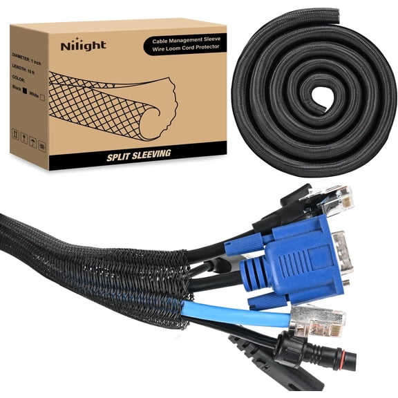 Nilight Cable Sleeve, 10ft-1inch Cord Management Sleeves, Braided Sleeving, Split Self Wrapping Wire Loom for Computer Electrical Automotive Harness Protector Organizer, Black