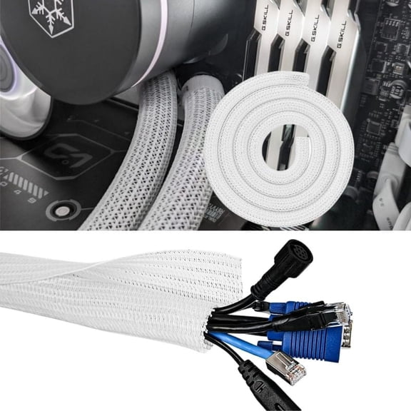 10Ft 1" Braided Cable Management Sleeve Cord Protector - Self-Wrapping Split Wire Loom for TV/Computer/Home Theater/Engine Bay - White