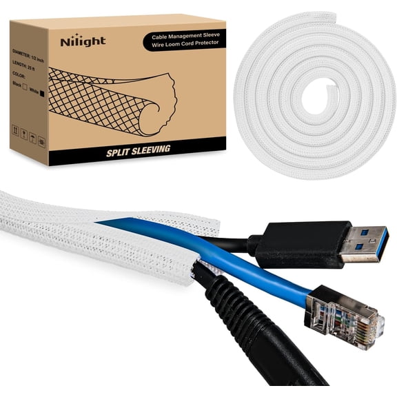 Nilight Cable Sleeve, 25ft-1/2inch Cord Management Sleeves, Braided Sleeving, Split Self Wrapping Wire Loom for Computer Electrical Automotive Harness Protector Organizer, White