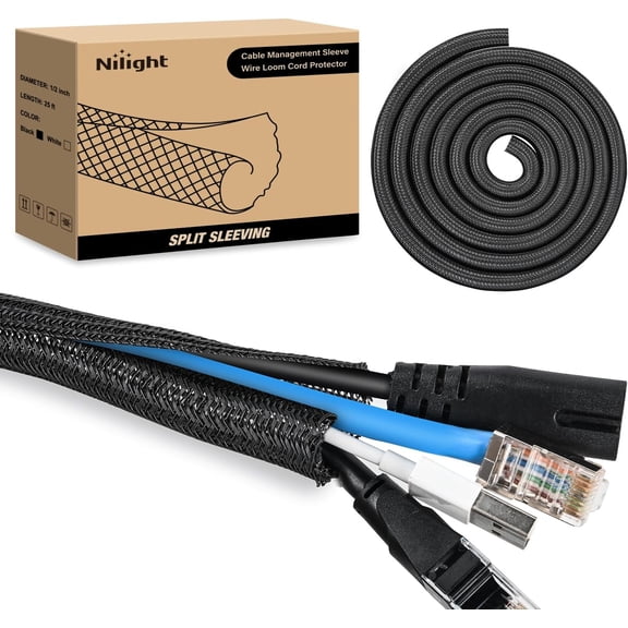 Nilight Cable Sleeve, 25ft-1/2inch Cord Management Sleeves, Braided Sleeving, Split Self Wrapping Wire Loom for Computer Electrical Automotive Harness Protector Organizer, Black
