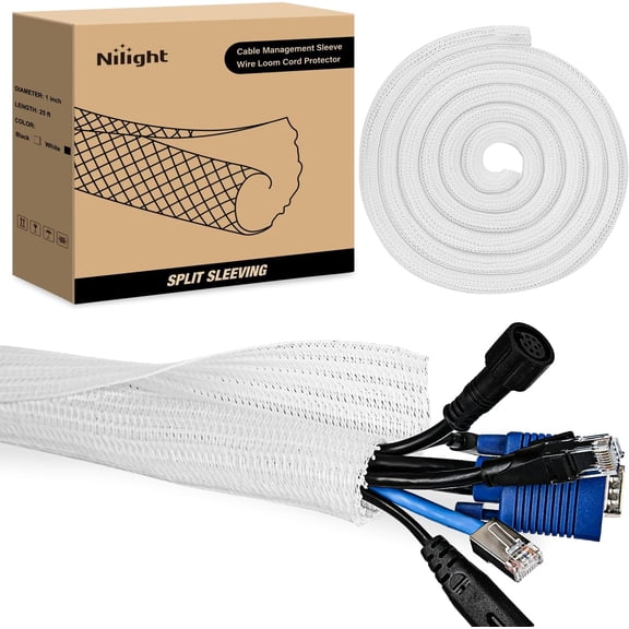 Nilight Cable Sleeve,25ft-1inch Cord Management Sleeves, Braided Sleeving, Split Self Wrapping Wire Loom for Computer Electrical Automotive Harness Protector Organizer, White