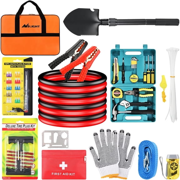 Nilight Car Emergency Kit with Jumper Cable Air Compressor Tire Repair Essential Tools First Aid Alligator Connector Electrical Kit for Travel Camping Outdoor Cars Truck SUV RV