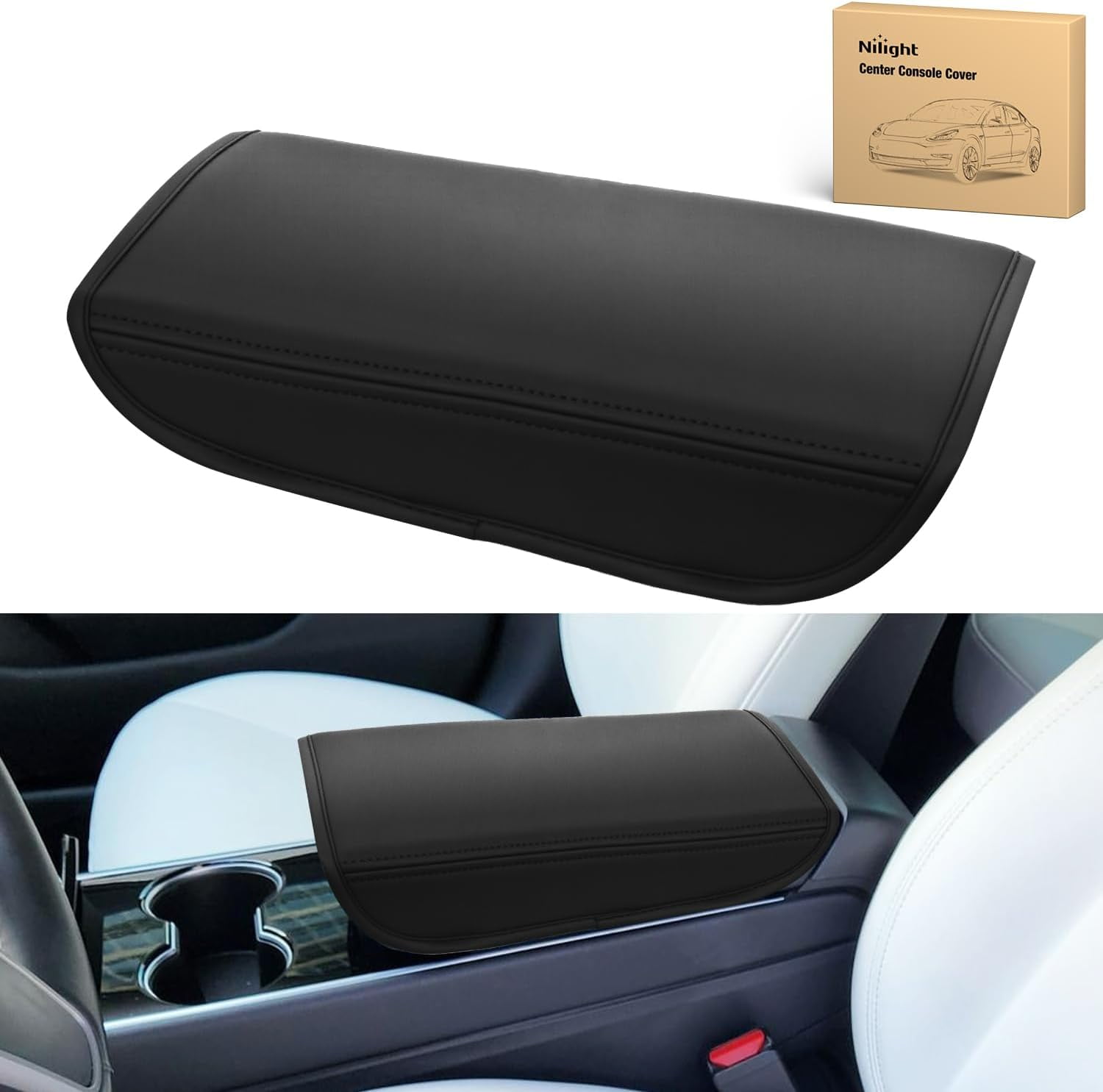 FQMY Center Console Armrest Cover For Tesla Model 3 & Model Y (2016-2024) - PU Leather Cushion Protector