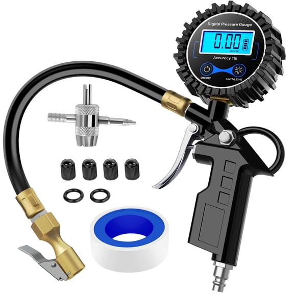 Nilight Digital Tire Inflator Pressure Gauge,250 PSI Air Chuck and Compressor Accessories Heavy Duty with Rubber Hose Quick Connect Coupler for 0.1 Display Resolution
