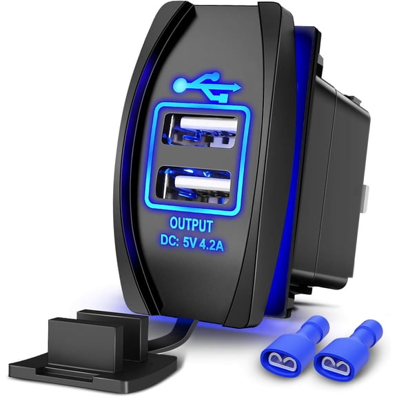 Nilight Dual USB 4.2A Rocker Switch Style 12V/24V Fast Socket Waterproof Quick for Cars Boats Trucks RVs, 2 Years Warranty, Blue