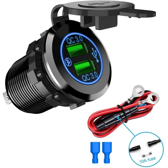 Nilight Dual USB Port QC 3.0 Fast Charging Hubs USB Charger Socket Power Outlet 2.1A & 2.1A x2 for Car Boat Marine RV Mobile with Wire Fuse DIY Kit with Blue LED