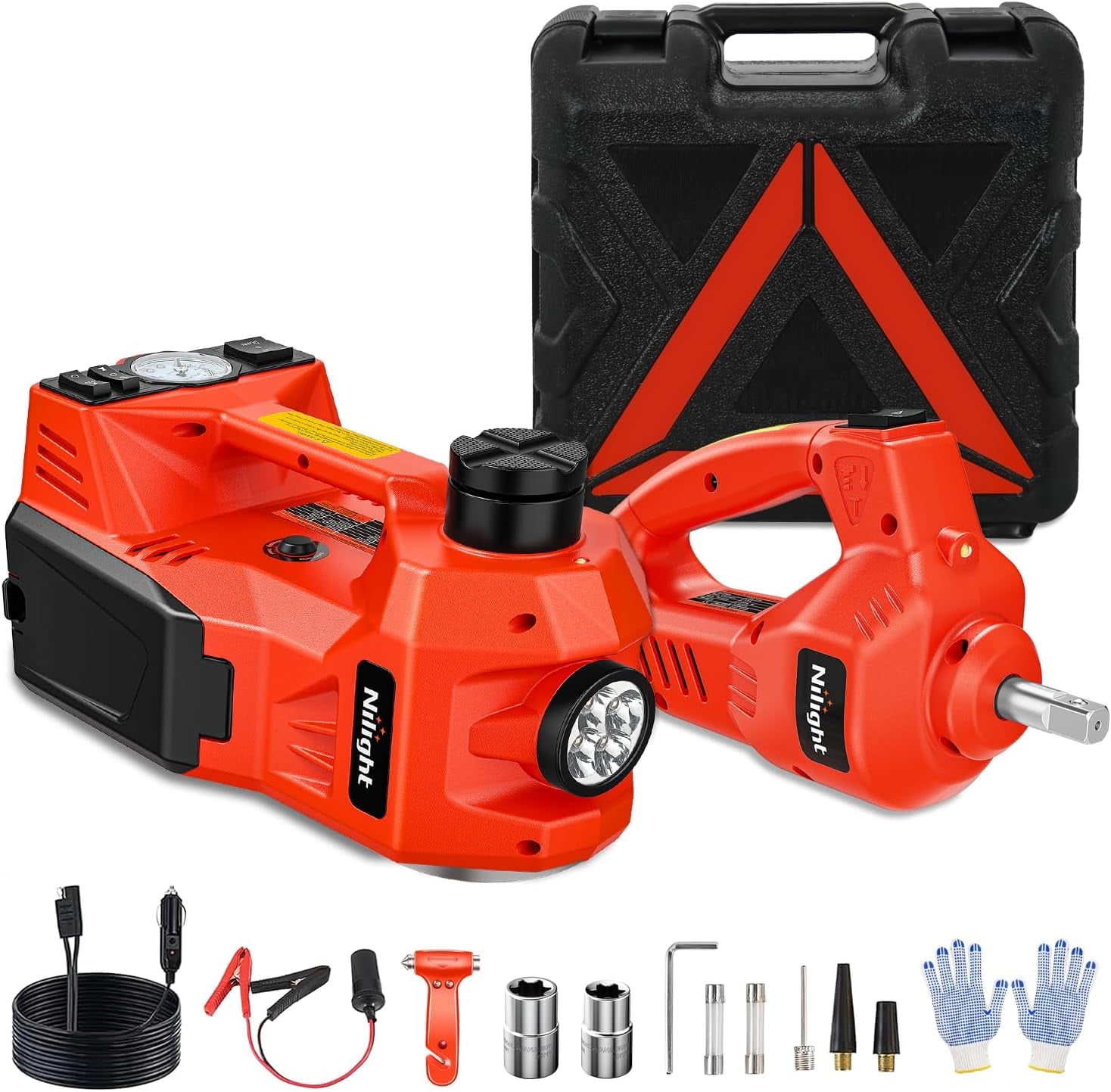 Nilight Electric Car Jack Kit 5 Ton 12V Hydraulic Car Jack with Impact Wrench, 3 in 1 Portable Electric Floor Jack with Tire Inflator Pump LED Light for Sedan Truck Change Tire Garage Repair