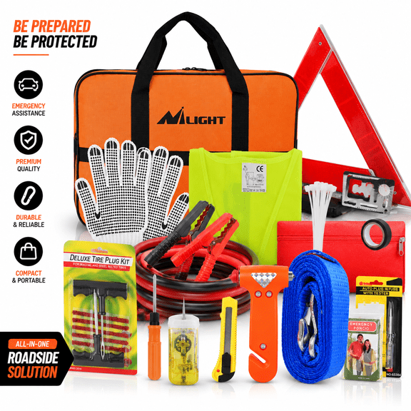 Nilight Emergency Roadside Assistance Kit for Cars Trucks SUVs RVs Jumper Cables Air Compressor Tire Repair Tools First Aid Supply Set with Alligator Clamps and Electrical Accessories