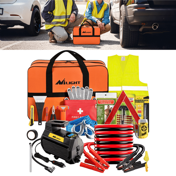 Nilight Emergency Roadside Assistance Kit for Cars, Trucks, SUVs, RVs & Motorcycles Includes Jumper Cables, 12V Air Compressor, Tire Repair Tools, First Aid Set, and Essential Safety Gear