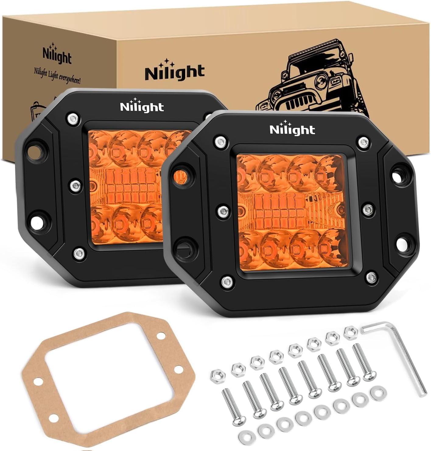 Nilight Flush Mount LED Light Pods 2 PCS 42 W Amber Upgraded Spot Flood Combo Driving Fog Lights Off Road Lights Bumper LED Work Light for Truck SUV ATV UTV Pickup Van Boat Tractor