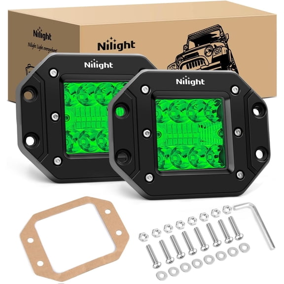 Nilight Flush Mount LED Light Pods 2 PCS 42 W Green Upgraded Spot Flood Combo Bumper Driving Fog Lights Fishing Hunting Emergency Safety Signal Light for UTV Pickup Van Boat Tractor