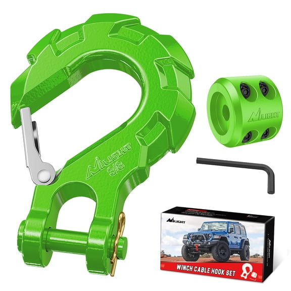Nilight Forged Steel Winch Hook 3/8" Grade 70 Safety Latch Winch Cable Hook Stopper & Clevis Slip Hook Sets, Included Allen Wrench,Max 35,000 lbs, Green