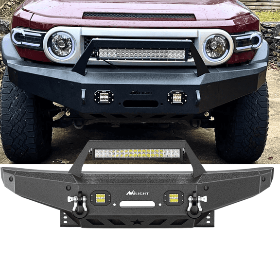 Front Bumper Compatible for 2007-2014 Toyota FJ Cruiser with Winch Plate Off-road 120W Light Bar 18W LED Light Pods 2 D-Rings