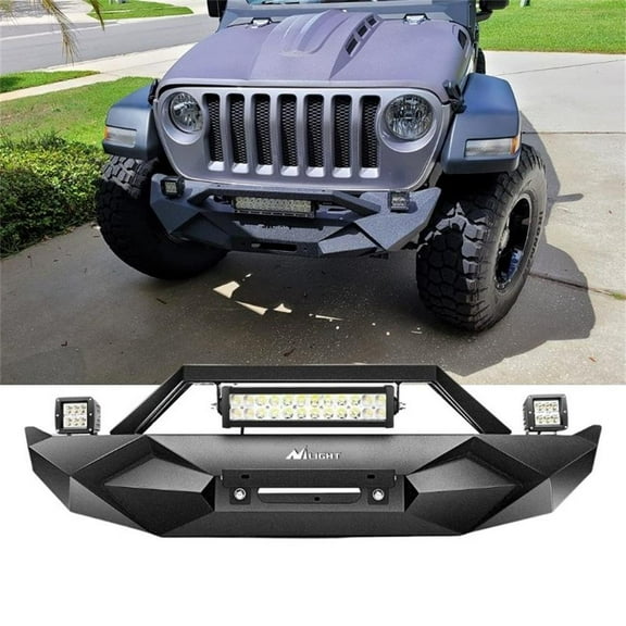 Nilight Front Bumper w/Winch Plate Compatible for 2018-2024 Jeep Wrangler JL with 72W LED light bar 2 x 18W LED Work Light Pod License plate bracket