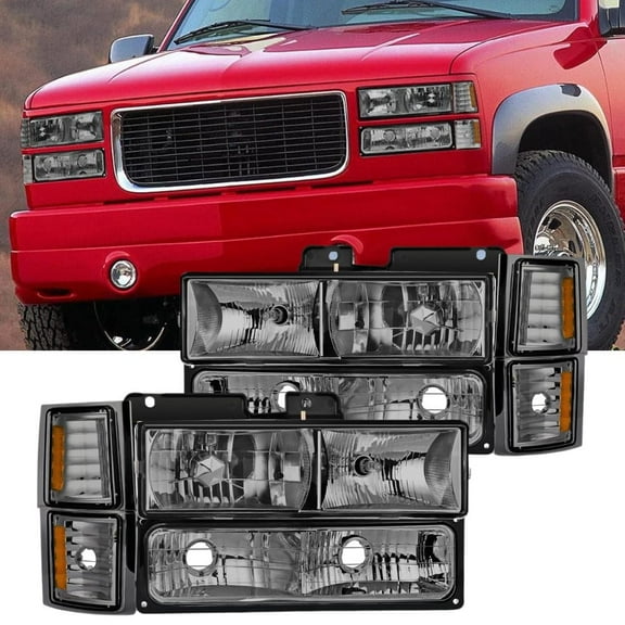 Nilight Headlight Assembly for 1994 1995 1996 1997 1998 Chevy Silverado Tahoe Suburban C10 C/K 1500 2500 3500 Replacement Headlamp Chrome Housing Amber Reflector Smkoe Lens Bumper Corner Lamp