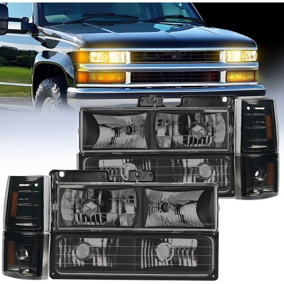 Nilight Headlight Assembly for 1994 1995 1996 1997 1998 GMC C10 Sierra Yukon Chevy Suburban Replacement Headlamp Chrome Housing Smoke Reflector Bumper Corner Lamp, 2 Years Warranty