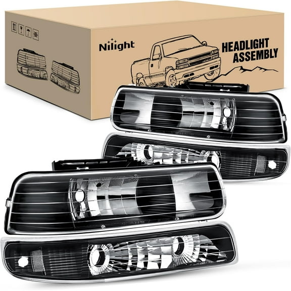 Nilight Headlight Assembly for 1999 2000 2001 2002 Chevy Silverado Avalanche 1500 1500HD 2500 2500HD 3500 Chevrolet Tahoe Suburban Replacement Headlamp Housing Bumper Lights Set