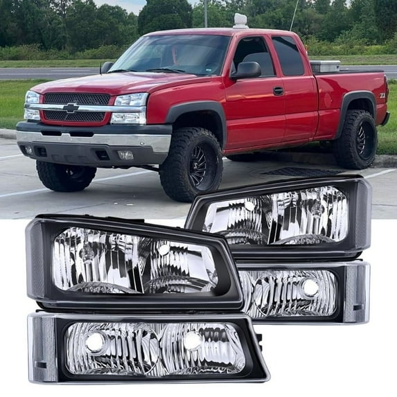 Headlight Assembly Compatible with 2003 2004 2005 2006 Chevy Silverado Avalanche 1500 1500HD 2500 2500HD 3500 Headlamp Replacement with Bumper Lamp Set,Chrome