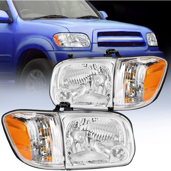 Nilight Headlight Assembly for 2005 2006 Toyota Tundra 4 Door Double Crew Cab 2005 2006 2007 Sequoia Pickup Replacement Chrome Housing Amber Reflector Driver and Passenger Side, 2 Years Warranty