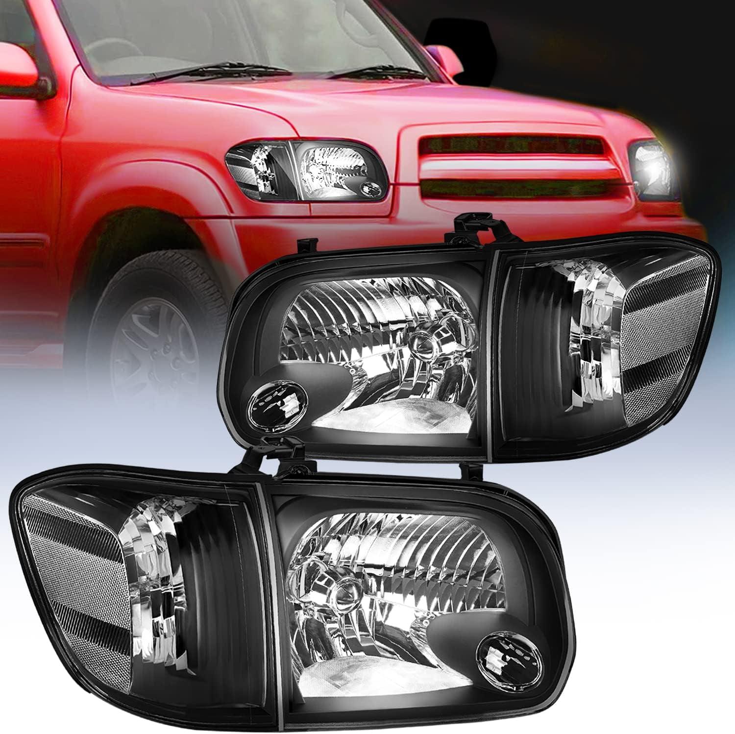 Nilight Headlight Assembly for 2005 2006 Toyota Tundra 4 Door Double Crew  Cab 2005 2006 2007 Sequoia Pickup Replacement Black Housing Clear Reflector 
